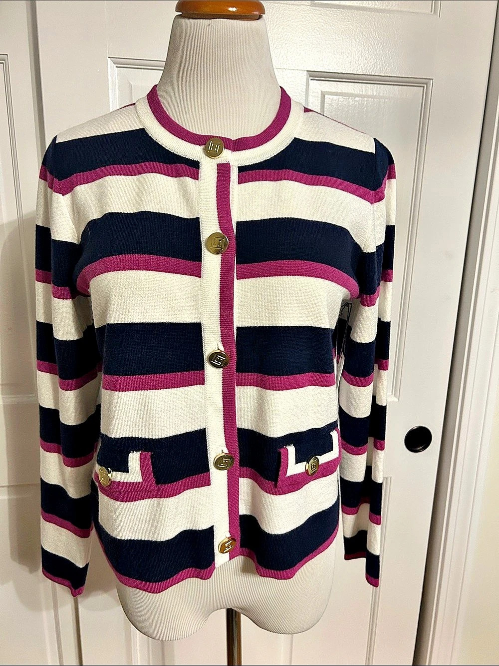 Liz Claiborne Striped Cardigan in Cream, Navy & Pink
